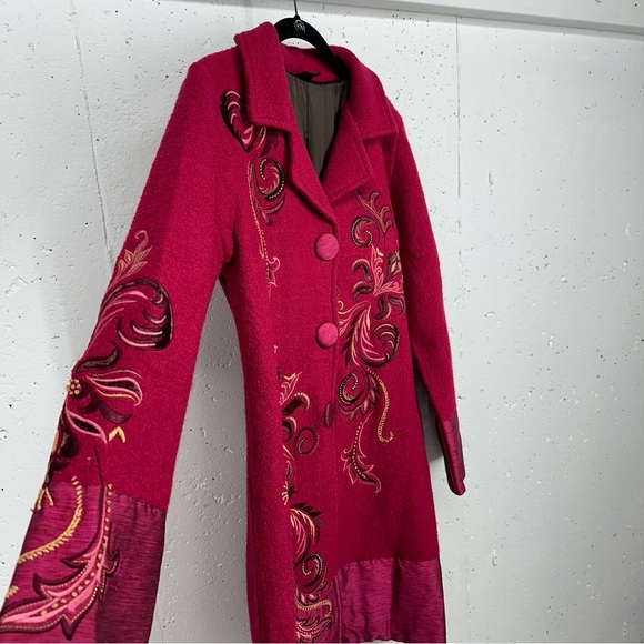 CoVelo Jackets & Coats Coveli Size Small Red Pink Wool Mid Length Boiled Wool Embroidered